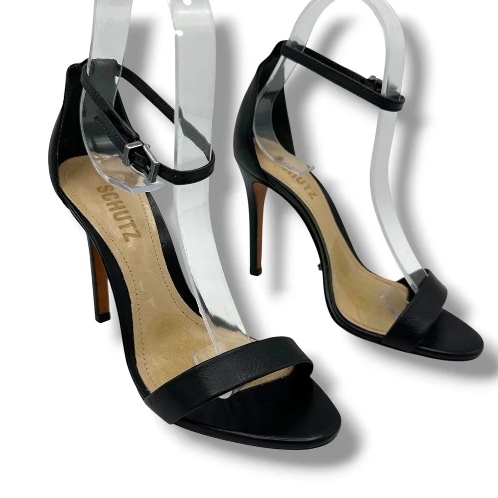 Schutz Cadey-Lee Black Leather Ankle Strap Stiletto High Heel Sandals Mens 8.5B